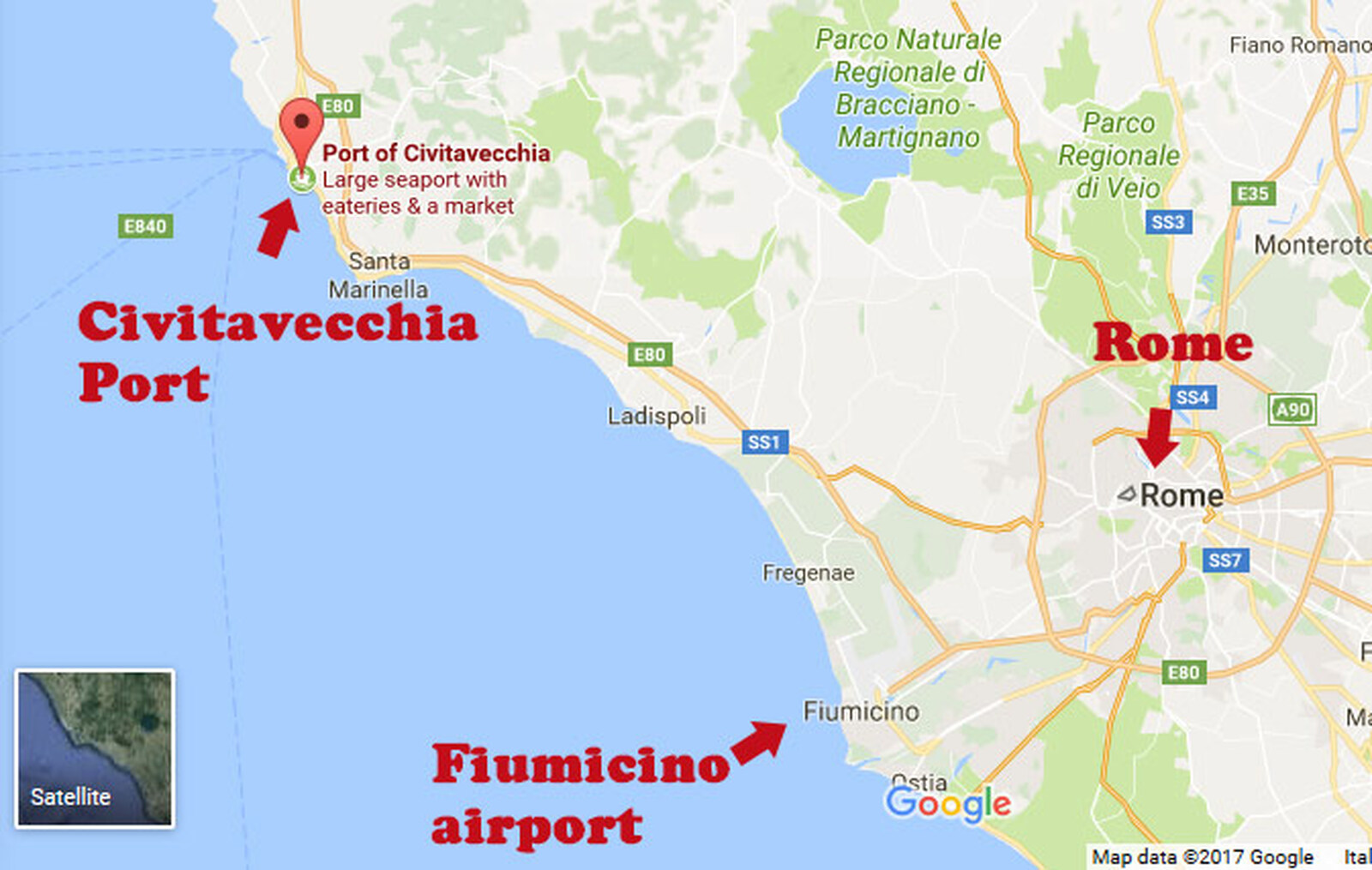 civitavecchia to rome maps